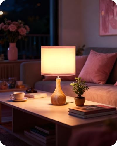 Pink Table Lamp, 14.2" Small Bedside Lamp, Modern Nightstand Lamp with Pink Linen Lampshade & Wood Bottle-Shaped Base, E26 Socket, Cute Desk Lamp for Girl's Room, Bedroom, MP09TL05 - Image 3