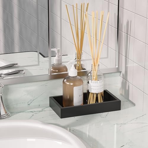 ZHWS Small Bathroom Vanity Tray for Countertop Makeup Perfume Decor Candle Jewelry, Small Kitchen Tray for Soap Dispenser Spice Sponge Holder Black Toilet Tray 7.9”L x 4.4”W x 1.14”H - Image 2