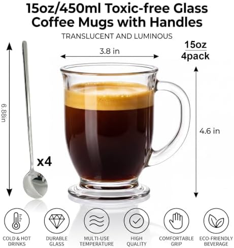 Accguan 15 oz Clear Glass Coffee Mugs Set of 4 with Handle, Non-Toxic - Image 2