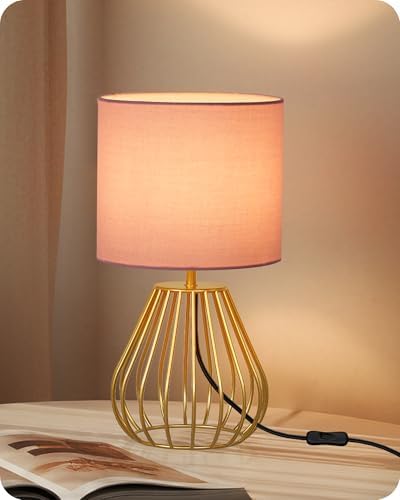 Pink and Gold Table Lamp, Small Bedside Lamp with Metal Base & Pink Linen Lampshade, Modern Nightstand Lamp, Little Cute Desk Lamp for Girl Kid's Room, 2700K LED Bulb Included, DP06TL05 by GOEBLESON