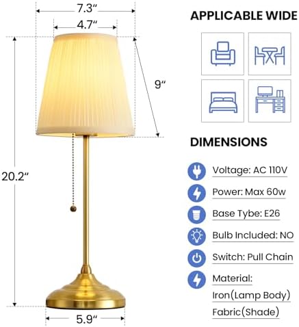 Modern Table Lamp for Bedroom, Gold Bedside Lamp, Farmhouse Nightstand Lamp with Pull Chain Switch, 20" Small Table Lamp for Reading, Hotel, Buffet Candlestick - Image 3