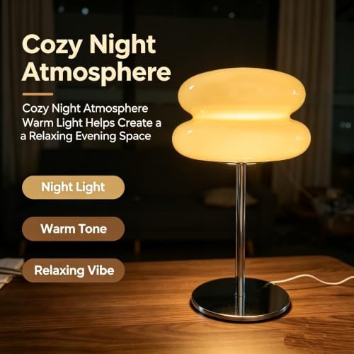 Mushroom Lamp for Bedroom,Mid Century Modern Lamp for Nightstand, Dimmable Retro Egg Tart Bedside Small Lamps,Unique Home Mushroom Decor Aesthetic Cute Table Lamps for Living Room (cream yellow) - Image 2