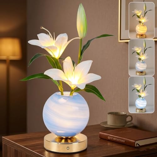 Lily Table Lamp, 3 Color Planet Night Light, Rechargeable Cordless Touch Dimming Artificial Flower Light, LED Flower Bedside Lamp Romantic Gifts for Girl Women Mom (White Lily) by Strackvial