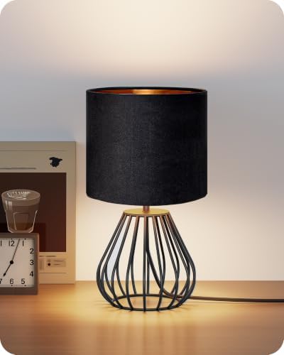 Black Table Lamp,12.6" Small Bedside Lamp, Velvet Lampshade by GOEBLESON