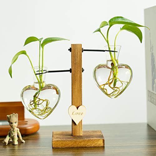 Kingbuy Heart Shaped Glass Hydroponic Vase with Retro Wooden Stand - Desktop Plant Terrarium for Bulb Planter, Water Plant Propagation Glass Vase Pot Planter Flower Desktop Decoration Home Garden - Image 2