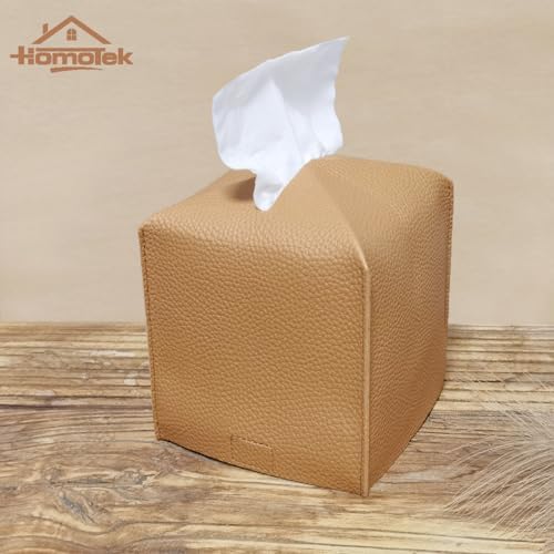 HOMOTEK 2 Pack Tissue Box Cover, Square PU Leather Tissue Holder, Decorative Facial Tissue Cube Paper Organizer Dispenser for Bathroom, Night Stands, Desk, Car 5X5X5'' - Camel, Pebble Grain - Image 6