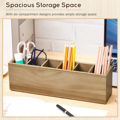 Jetec Wooden Pencil Pen Holder for Desk, Wood Color, 6 Compartments - Image 3