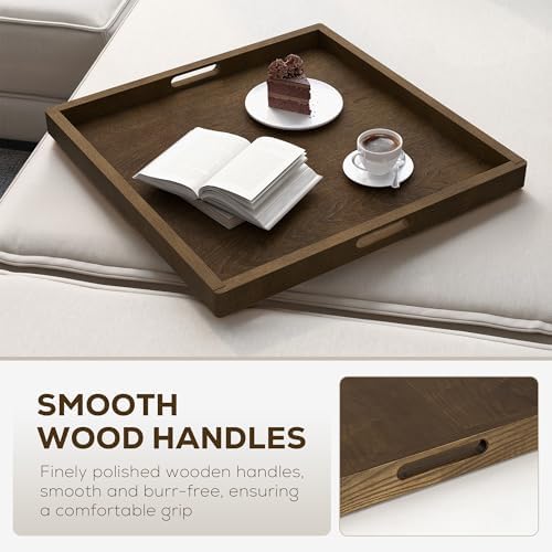 Axeman 20 Inch Large Square Wooden Ottoman Tray for Living Room|Extra Large Serving Tray with Handles for Coffee Table, Breakfast|Decorative Wood Tray for Ottoman Couch Sofa Kitchen|Walnut - Image 5