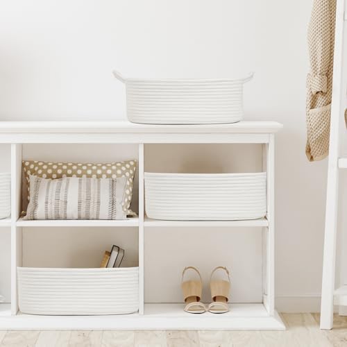 Woven Cotton Rope Storage Basket with Handles, White, 13.5 Inch - Image 4