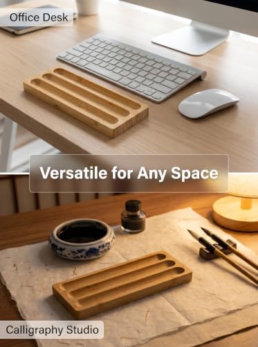 Natural Bamboo 3 Slot Pen Tray, Wooden Pen Holder Desk Organizer for Fountain Pens, Markers, Makeup Brushes, Minimalist Office Desk Storage Tray - Image 6
