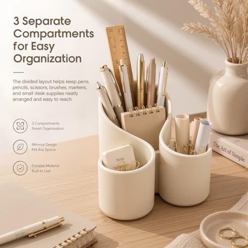 Aesthetic Desk Organizer Boho Pen Holder Modern Pencil Holder Beige Plastic Makeup Brush Organizer for Office Desk Accessories Stylish Home Office Art Decor Supplies (3 Slots) - Image 3