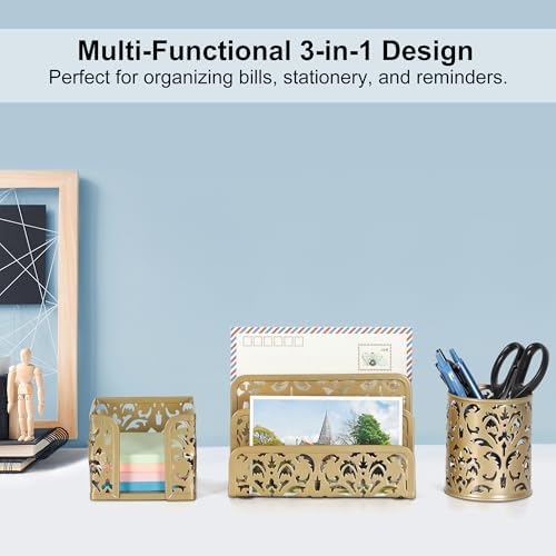 EasyPAG Desk Organizers and Accessories 3 Pieces Office Organizer Set - Pen Holder for Desk, Mail Sorter Countertop and Sticky Note Holder, Gold - Image 2