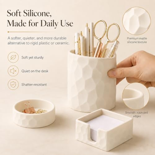 Aesthetic Geometric Silicone Desk Organizer Set of 3,Modern Office Desk Accessories with Round Pen Holder,Paperclip Tray,Sticky Note Holder,Stylish Functional Desk Decor for Home Office(Beige) - Image 5