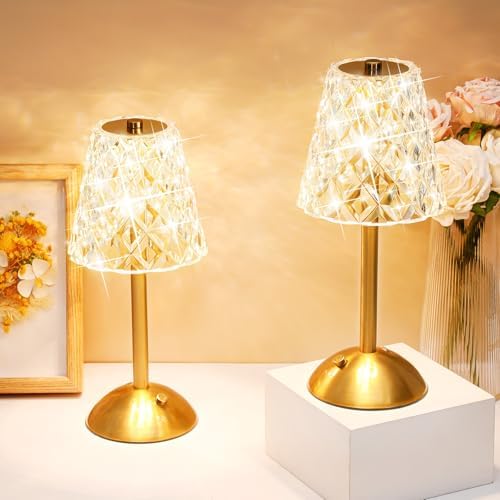 Liliful 2 Pcs Cordless Table Lamp LED Touch, Gold, Diamond Style by Liliful