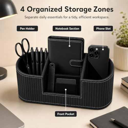 KINGFOM Modern Leather Desk Organizer for Men & Women, Aesthetic Office Desk Accessories Organizer, Faux Leather Vanity Organizer for Pens, Makeup Brushes, Remote Controls, Black Minimalist Desk Decor - Image 3