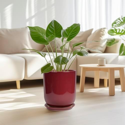 Ceramic Planter for Plants - 10 Inch Plant Pot Indoor with Drainage Hole and Saucer Modern Large Outdoor Planter Flower Pot for Home Decor Red - Image 4