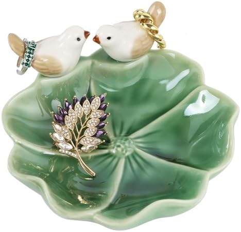 Fordonral Ceramic Jewelry Tray Trinket Dish Decorative Cute Bird & Lotus Leaf Ring Holder Dish Aesthetic Room Vanity Decor (Green) by Fordonral
