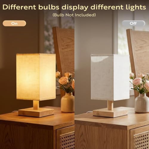 Small Table Lamp Set of 2, Square Short Bedside Lamps 2700K Warm LED with Linen Shade & Wood Base, USB Nightstand Lamps for Bedroom Living Room - Image 2
