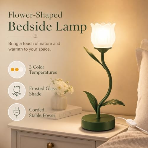 Tulip Lamp for Bedroom, Cute Flower Table Lamp with G9 LED Bulb, 3 Color Temperature Bedside Lamp, Vintage Kawaii Desk Lamp for Nightstand Living Room, Green - Image 2