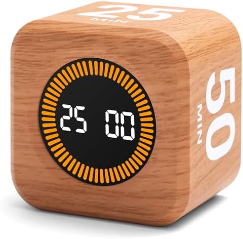 Rotating Productivity Cube Timer, 5/25/10/50 Min Presets, Wood Grain by Exlliy