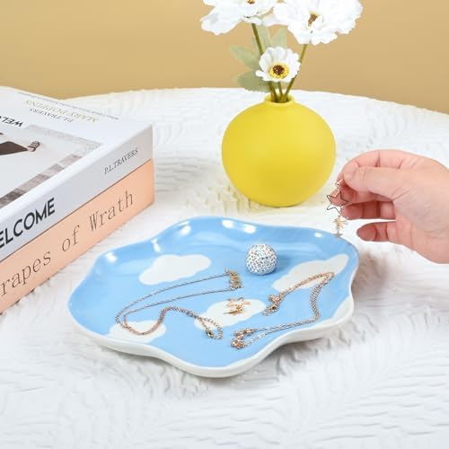 Koythin Blue Sky White Cloud Ceramic Jewelry Tray, Earring Trinket Dish - Image 5