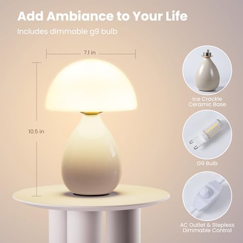 Mushroom Lamp Small Vintage Table Light, Mini Modern Lamp Bedside Nightstand LED, Small Light Dimmable for Bedroom, Living Room, Ceramic Base Glass Led Home Decor for Woman Gifts - Image 3