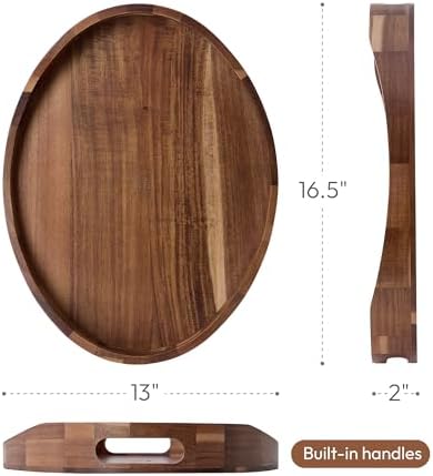 Acacia Wood Serving Tray with Handles - 17'' x 13'' Round, Decorative Ottoman Trays for Breakfast, Home Decor, Tea Party, Coffee Table, Candle Display, Kitchen Counter Board - Image 2