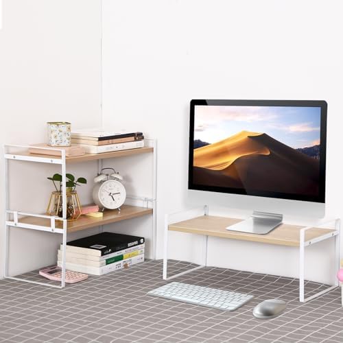YGYQZ Desk Shelf Organizer for Top of Desk, 1-Tier Desktop Bookshelf, White & Wood - Image 3