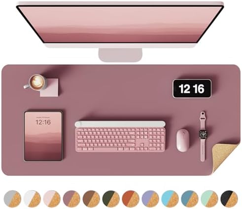 YSAGi Double-Sided Desk Pad, 31.5"x15.7"Leather Desk Mat, Eco Cork Desk Pad Protector,Large Mouse Pad,Waterproof Desk Blotter for Office/Home(Dark Pink) by YSAGi