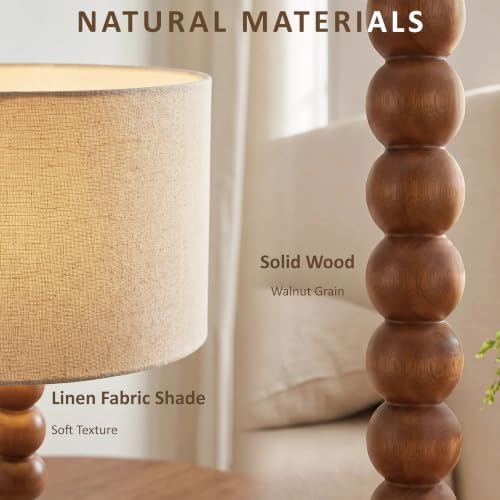 Buruis 17.5" Walnut Wood Beaded Table Lamp with Linen Shade, Dimmable,Beige - Image 3