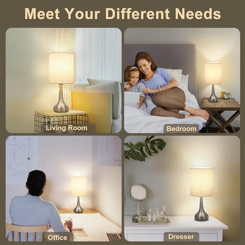 Touch Control Table Lamp, 3 Way Dimmable Simple Night Light Lamp with White Lampshade Silver Metal Base, Small Bedside Table Lamp for Bedroom, Office, Dorm, A19 9W 3000K Bulb Included - Image 5