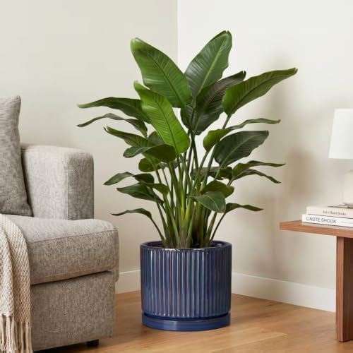 Ceramic Planter, 10 Inch Plant Pots with Saucer, Retro Blue - Image 4