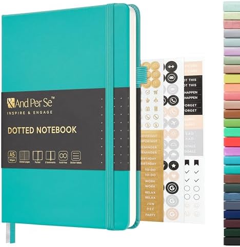 &And Per Se Dotted Journal Notebook, A5 Hardcover Leather Dotted Journal, 160 Pages 100gsm Thick Dot Grid Paper, 3 Sheets of Stickers Included - 5.7'' x 8'' (Turquoise) by AndPerSe