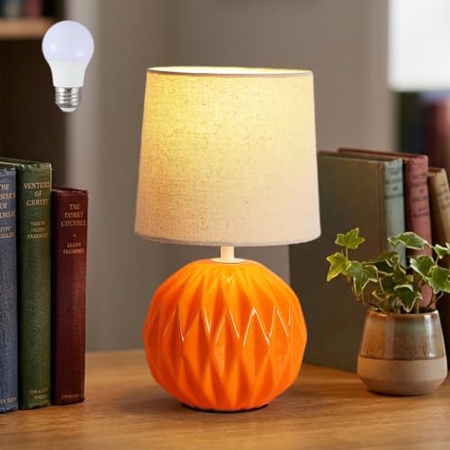 Orange Ceramic Table Lamp with Linen Shade, Small Bedside Lamp for Bedroom by Somniferous