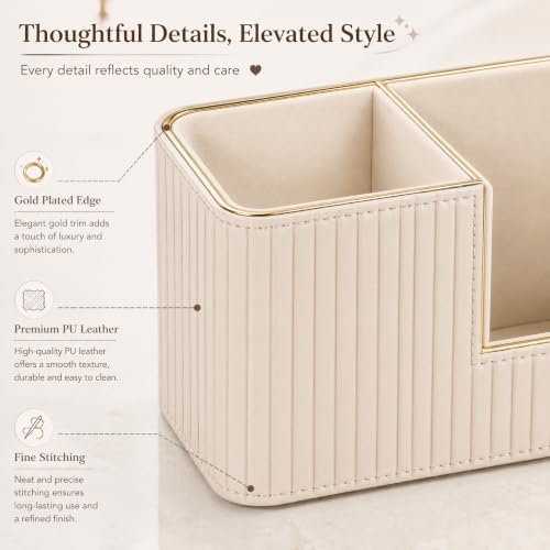 KINGFOM Luxury PU Leather Desk Organizer for Office Accessories, Aesthetic Pen Holder for Desk, Modern Desktop Storage Organizer for Women Home Office Supplies, Beige with Gold Trim - Image 5