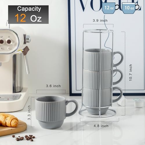Hasense Stackable Coffee Mugs With Stand, 12 oz Stackable Coffee Cups Ceramic, Modern Ribbed Latte Cup Sets for Cappuccino, Tea, Espresso, Hot Cocoa, Drinks - Dishwasher & Microwave Safe, Grey - Image 3
