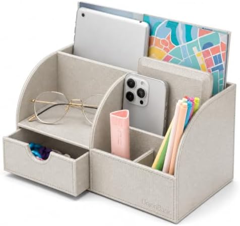 UnionBasic Desk Organizer - Multifunctional Leather Desktop Pen Holder Storage Box - Business Card/Pen/Pencil/Mobile Phone/Stationery Holder, Beige by UnionBasic