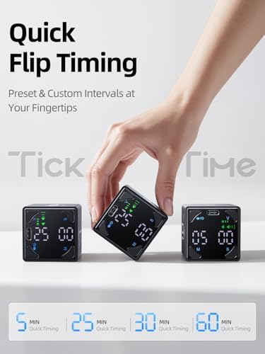 Ticktime Pomodoro Timer Cube, with 25/5 Auto Cycles, 3/5/10/15/25/45/60 Min Presets, Custom Timer, Stopwatch, Magnetic, Rechargeable, Silent, Vibrate & Sound, for Task, ADHD, Study, Black - Image 3