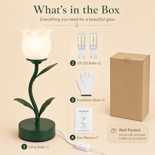 Tulip Lamp for Bedroom, Cute Flower Table Lamp with G9 LED Bulb, 3 Color Temperature Bedside Lamp, Vintage Kawaii Desk Lamp for Nightstand Living Room, Green - Image 6