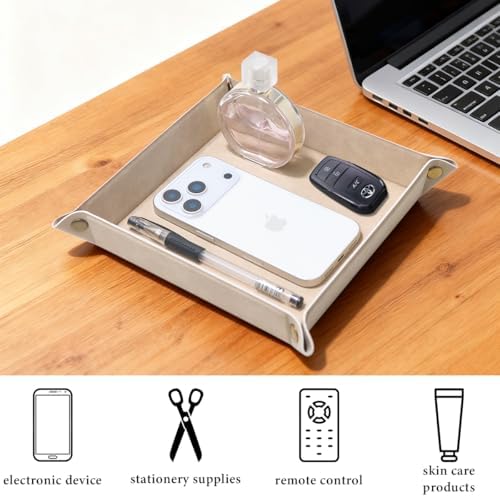 Valet Tray Desktop Storage Organizer – Premium PU Leather Catchall Bedside Vanity Tray Nightstand Caddy Holder for Remote Controller, Keys, Phone, Wallet, Coin, Jewelry,Apricot - Image 5