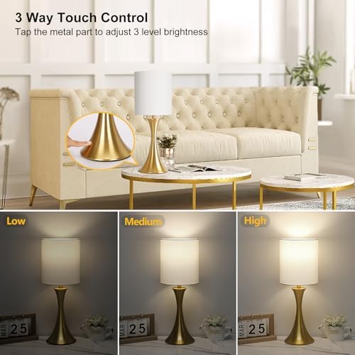 Gold Bedside Lamp Touch Control Table Lamp for Bedroom, 3-Way Dimmable Nightstand Lamp with White Shade, Modern Table Lamp for Living Room, Minimalist Desk Lamp for Dorm, Home, Office, Bulb Included - Image 3