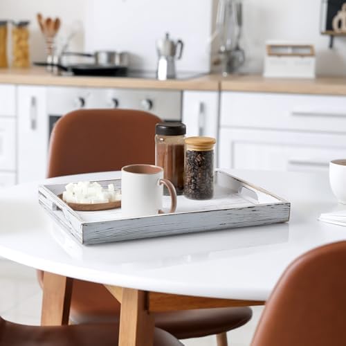 17 Inch Rustic White Serving Tray with Handles - Large Wooden Tray for Ottoman, Breakfast in Bed, Dinner, Coffee Table - Decorative Rectangular Tray for Living Room Bedroom Entryway and Kitchen Decor - Image 6