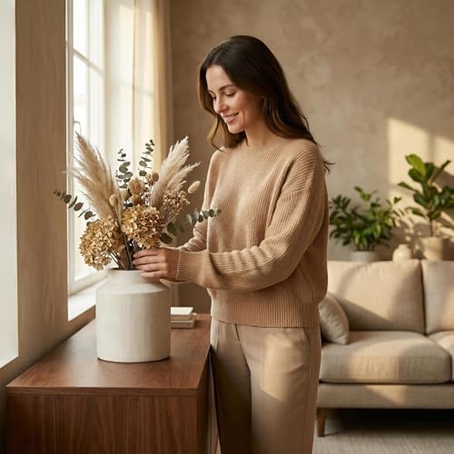 Rustic Terracotta Flower Vase, 7.5 Inch Aged Off-White Ceramic Pot for Dried Arrangements, Farmhouse Boho Centerpiece for Living Room, Entryway, Airbnb & Shelf Decor - Image 6