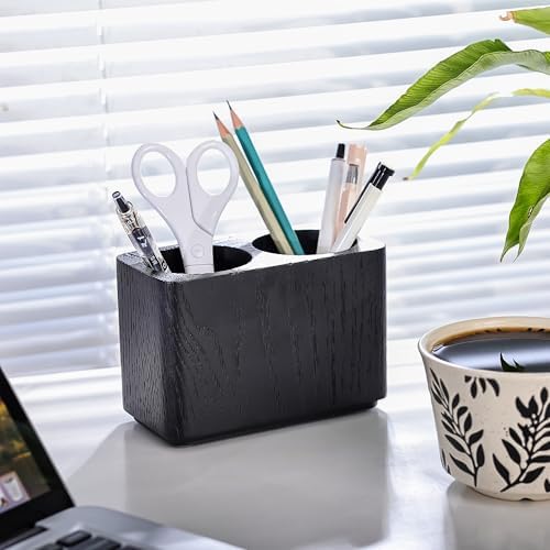 Oak Solid Wood Pen &Pencil Holder for Desk, Office Stationery Organizer, Table Pencil Cup Stand,Desk Accessories Holder, Two Cups Practical Design. (Char Black) - Image 2