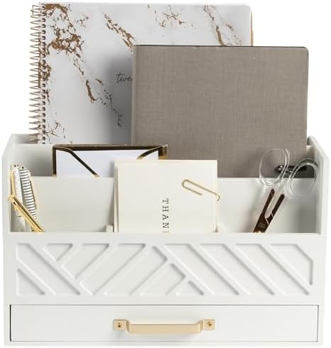BLU MONACO | White Wooden Desk Organizer & Mail Organizer with Drawer & Gold Handle | Mail Sorter Countertop | 6 Compartments | White Desktop Organizer for Desk by Blu_Monaco