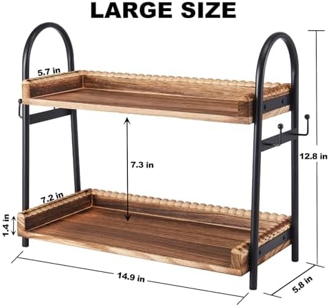 BDBDYEAY Coffee Bar Accessories, 2-Tier Coffee Bar Organizer with 4 Coffee Cup Holder Hooks, Mul-tifunctional Wooden Beaded Coffee Station Countertop Stand Shelf for Kitchen Home Office - Image 2