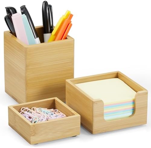 Desk Organizer Set of 3 - Bamboo Office Desk Accessories - Desk Organizers and Accessories for Women Men - Set incl. Pencil Pen Holder, Paperclip Storage and Sticky Note Holder by Unknown