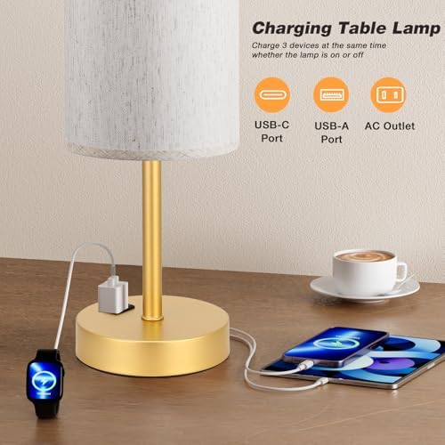 Fenmzee 17.4" Gold Lamp for Bedroom - Dimmable Touch, USB A+C, AC Outlet - Image 4