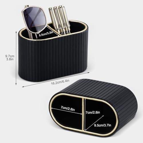 KINGFOM PU Leather Desk Organizer Pen Holder – Dual-Compartment Stylish Pencil Cup Remote Control Holder Desktop Supplies and Accessories Organizer Caddy for Office Home School (Black) - Image 2