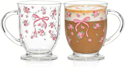 KEMORELA Pink Bow Glass Coffee Mugs Set,Cute Tea Cup with Handle,Gifts by KEMORELA